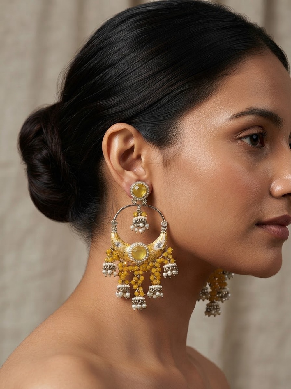 Yellow Beaded Hoop Chandbali Earrings -